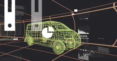 Displaying wireframe 3D van model floating in perspective grid, with pie chart Stock Photos