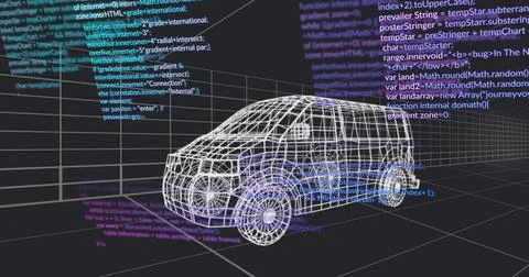Displaying wireframe 3D van model floating over dark gray grid plane, with Stockfoto's