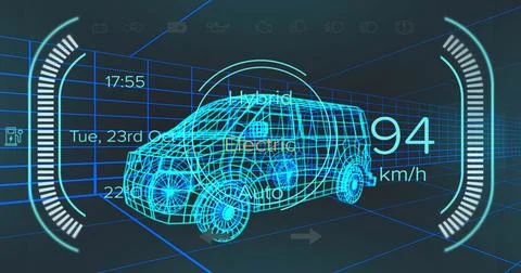 Displaying wireframe 3D van rotating in virtual cockpit simulation, with speed Stock-Illustration