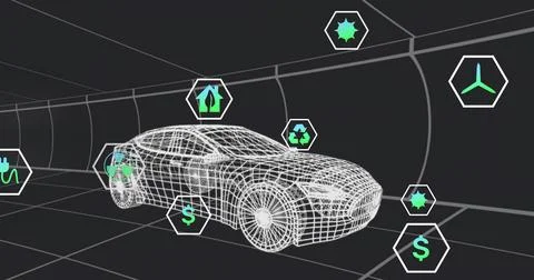 Displaying wireframe 4-door sedan with mesh wheels hovering in grid tunnel with Stock Illustration
