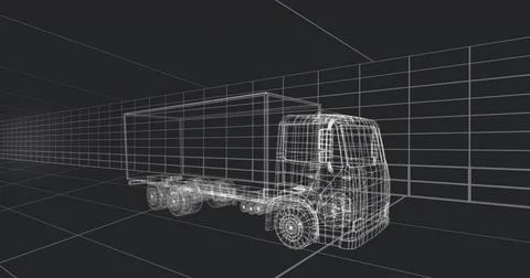 Displaying wireframe box cargo truck rotating in virtual 3D viewport, showing Stock Illustration