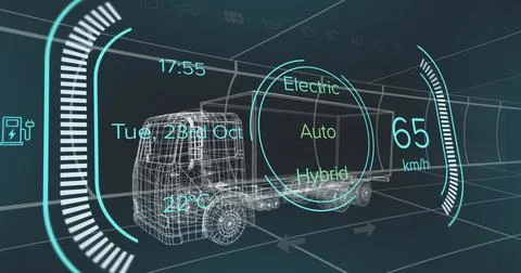 Displaying wireframe box truck model in simulated tunnel, showing drive-mode Stock-Illustration