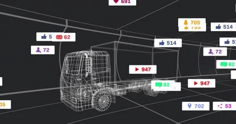 Displaying wireframe box truck moving through virtual 3D tunnel, with Illustrazione stock