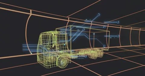Displaying wireframe box truck moving through orange grid tunnel, showing blue Stock Illustration