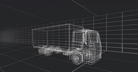 Displaying wireframe box truck occupying center in 3D view, showing wheels, c Stock Illustration
