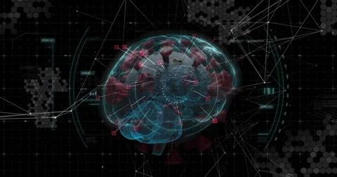 Displaying wireframe brain hologram in digital interface linking red viral pa Stock Illustration