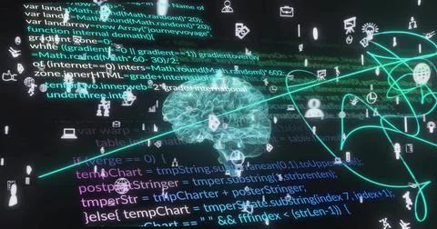 Displaying wireframe brain mesh pulsing with neon flows in dark UI, showing JS Foto stock