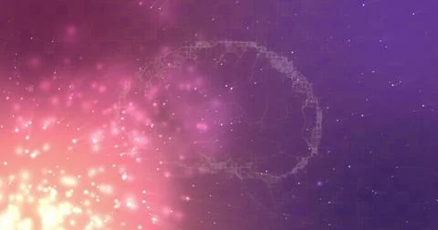 Displaying wireframe brain outline glowing against purple grid backdrop, Stock Illustration