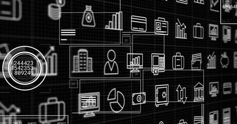 Displaying wireframe business panels on dark grid plane, showing circular dia Stock Illustration