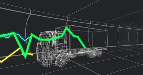 Displaying wireframe cab-over truck and box trailer inside virtual tunnel grid, Stock Illustration