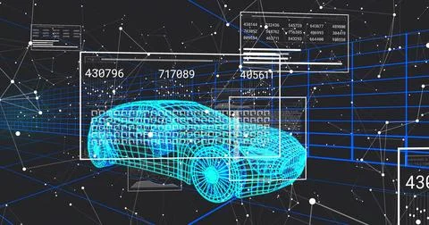 Displaying wireframe-car cyan rotating within virtual workspace, showing HUD Illustration