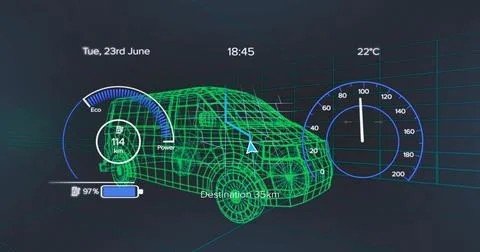 Displaying wireframe car model in 3D grid with eco-power gauge, speedometer and Stock Illustration