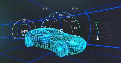 Displaying wireframe car model navigating 3D grid tunnel, with gauges, clock and Illustrazione stock