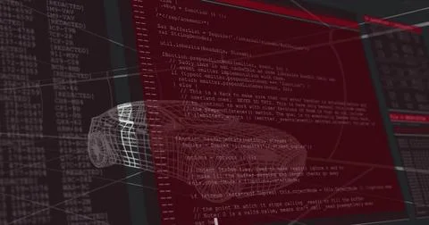 Displaying wireframe car model overlaying red code editor in software UI, Stock Illustration