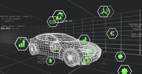 Displaying wireframe car model rotating in grid in virtual studio, showing Stock Photos