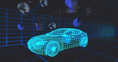 Displaying wireframe car model rotating on perspective grid in design studio, 스톡 사진