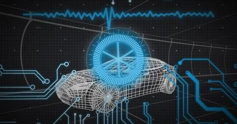 Displaying wireframe car over dark grid, tracing circuit lines, showing HUD dial Stockillustratie