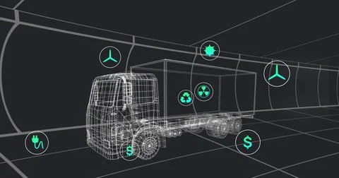 Displaying wireframe cargo truck moving through tunnel grid, with floating Stock Illustration