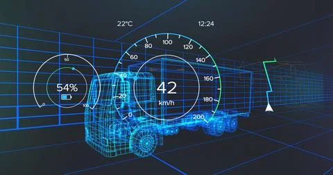 Displaying wireframe cargo truck navigating blue grid simulation, with gauges Stock Photos
