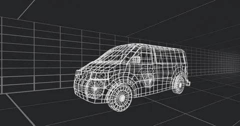 Displaying wireframe cargo van model rotating on virtual 3D grid workspace, Stock Illustration