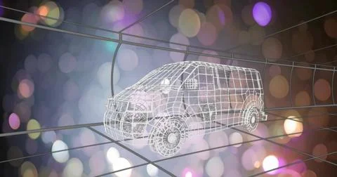 Displaying wireframe cargo van model rotating inside perspective grid, showing Stock Illustration