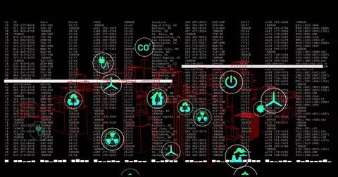 Displaying wireframe city running on dashboard, showing red buildings, teal Stock Illustration