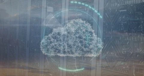 Displaying wireframe cloud visualization hovering over data center racks, Stock Photos
