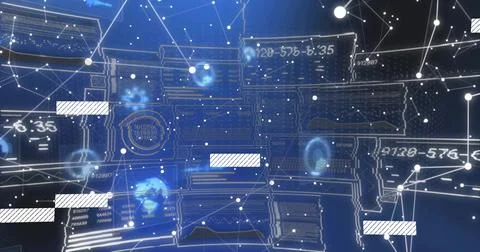 Displaying wireframe cluster floating in 3D network, with connecting lines and Stock Illustration