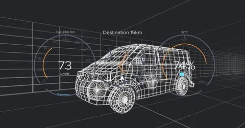 Displaying wireframe compact SUV model rotating in virtual 3D grid space, with Illustrazione stock