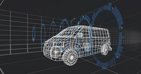Displaying wireframe compact van model rotating in virtual studio, with blue HUD Illustrazione stock