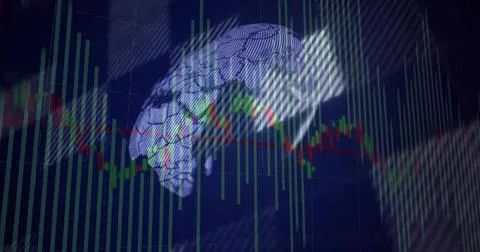 Displaying wireframe digital brain in chart display, with candlestick bars and Foto stock