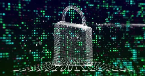 Displaying wireframe digital padlock glowing in cyberspace, with binary grid and 스톡 일러스트