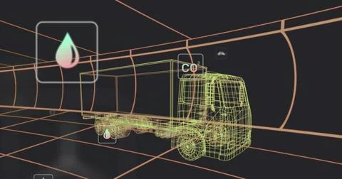 Displaying wireframe flatbed truck model rotating inside neon tunnel, showing Stock Illustration