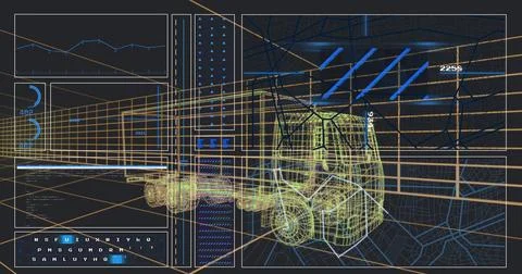 Displaying wireframe forklift model floating in diagnostic interface, with line Foto stock