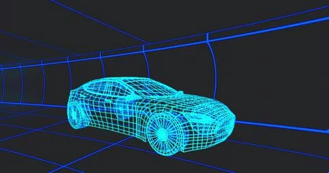 Displaying wireframe four-door sedan model sitting inside glowing blue grid t Illustrazione stock