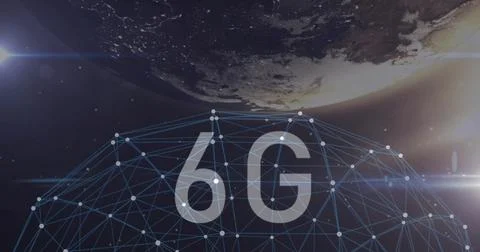 Displaying wireframe geodesic dome with white node points and 6G label over Stock Illustration