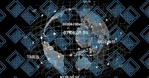 Displaying wireframe globe on black backdrop, with blue calculator icons and Stock Photos