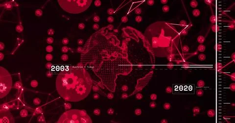 Displaying wireframe globe centered on dark visual, connecting nodes with 2003 Stock Illustration