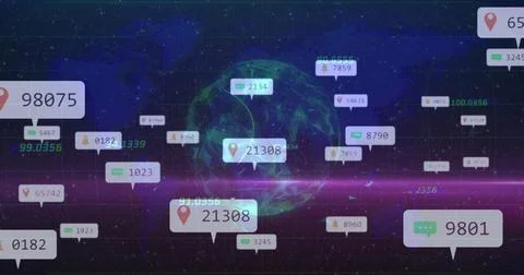 Displaying wireframe globe at core in virtual interface, with location pin an Stock Photos