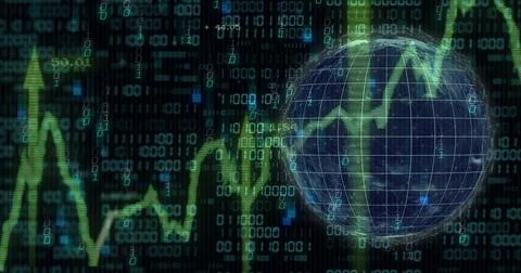 Displaying wireframe globe crossing green trend line in dark data view with 库存插图