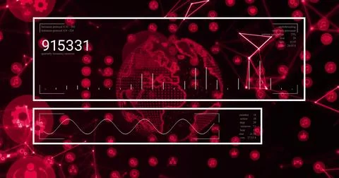 Displaying wireframe globe on digital dashboard, showing HUD panels, counter Illustrazione stock