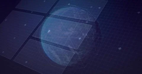 Displaying wireframe globe floating over virtual data interface grid, featuring Stock Illustration