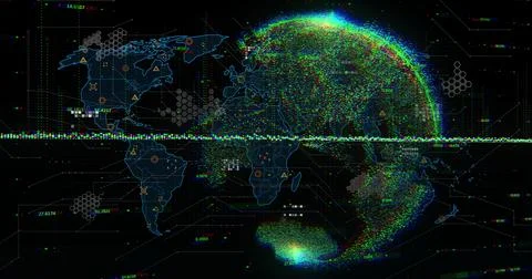 Displaying wireframe globe glowing on dark data dashboard, with map outline and Foto stock
