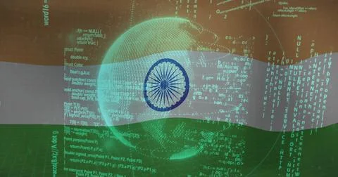 Displaying wireframe globe on Indian flag backdrop, overlaying Ashoka Chakra and 写真素材