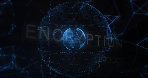 Displaying wireframe globe inside dotted sphere in dark cyberspace, with Stock Illustration