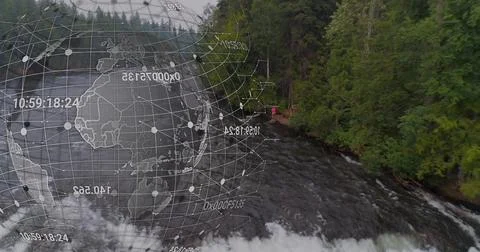 Displaying wireframe globe mesh overlaying river gorge, with data nodes, hiker Stock Photos