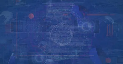 Displaying wireframe globe with nodes in virtual interface, showing circular Stock Photos