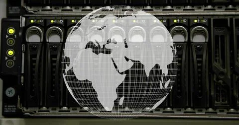 Displaying wireframe globe overlaying server rack in data center, showing drive Illustrazione stock