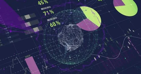 Displaying wireframe globe pulsing on dark dashboard, with pie, bar, Illustrazione stock