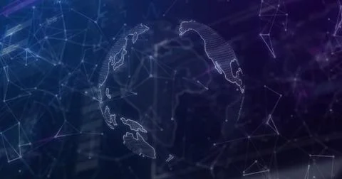 Displaying wireframe globe pulsing in virtual environment, with network nodes Stock Photos
